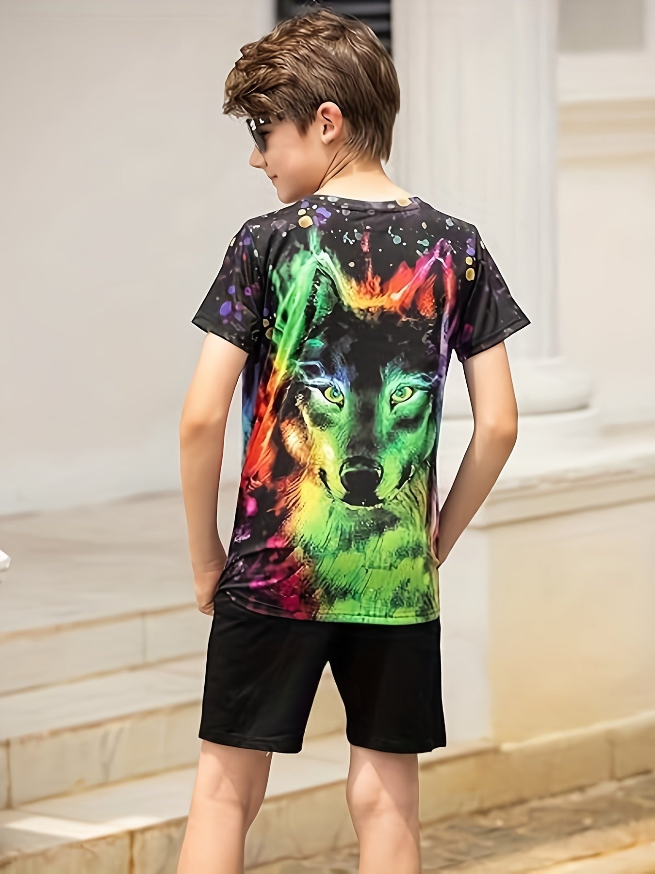 Tie Dye Wolf Graphic Short Sleeve T-shirt Loose Fit Breathable Pullover