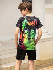 Tie Dye Wolf Graphic Short Sleeve T-shirt Loose Fit Breathable Pullover