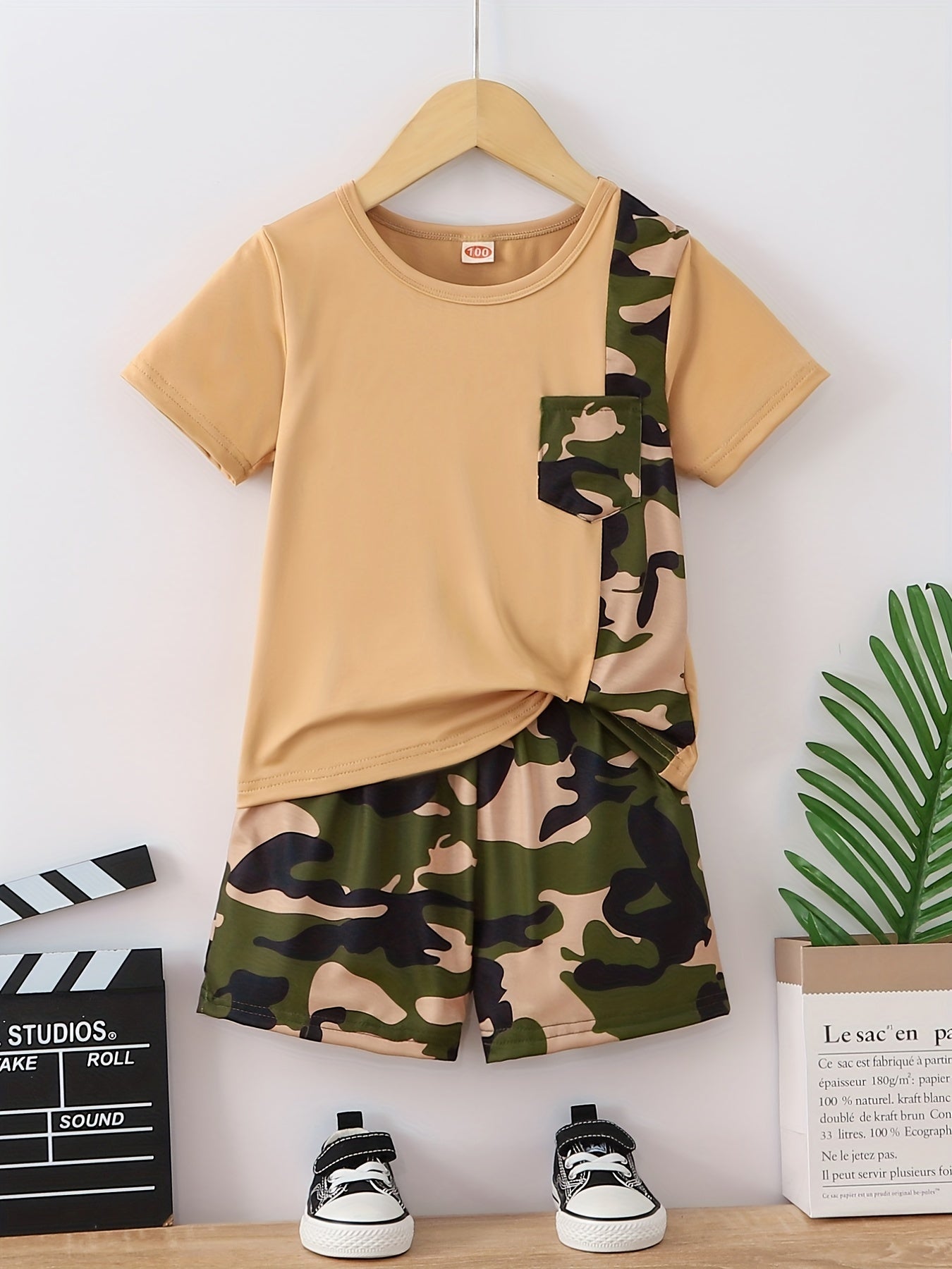 Boys Camo Outfit Short Sleeves Round Neck T shirt & Shorts Casual Summer Kids