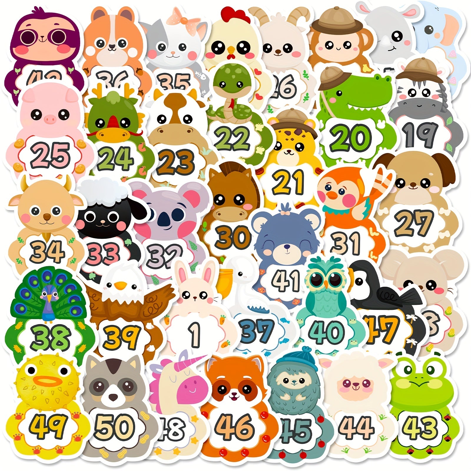 50PCS Cartoon Animal Baby Number Stickers Educational Decals