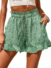 Boho Floral Ruffle Trim Shorts Elastic Waist Drawstring Summer Shorts