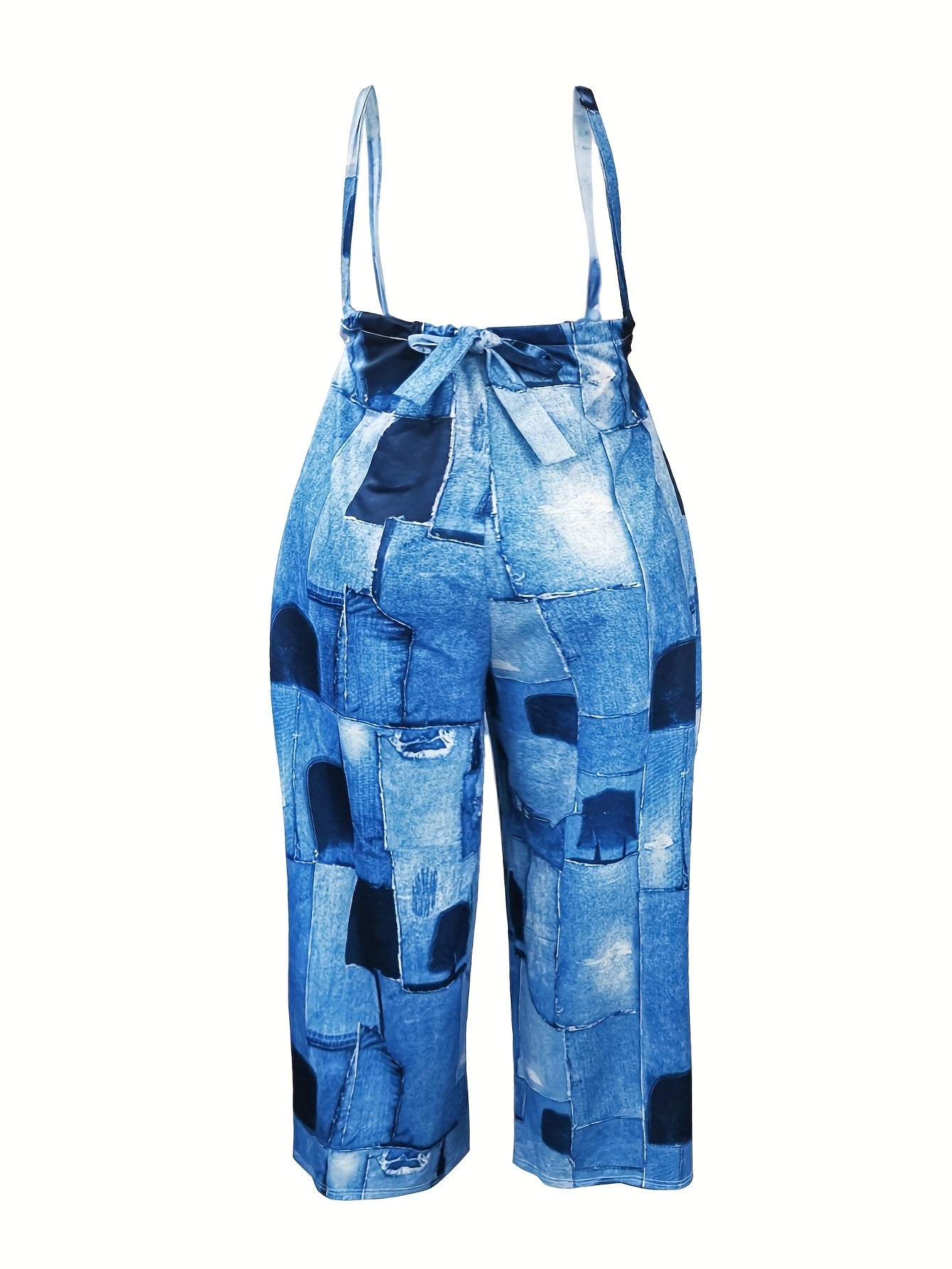 Denim Print Wide Leg Overall Jumpsuit Casual Overall Jumpsuit