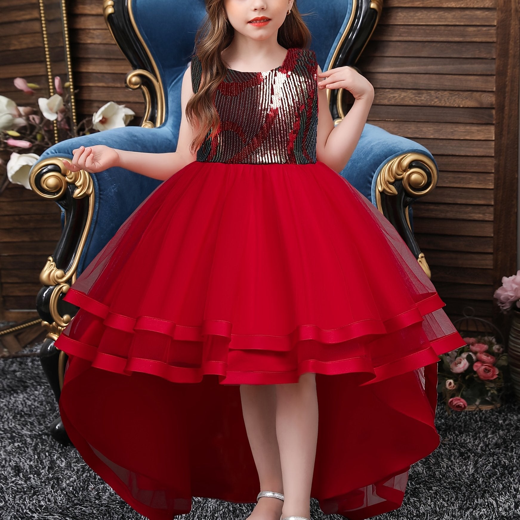 Girls Colorful Sequins Princess Dress Trailing Evening Dress