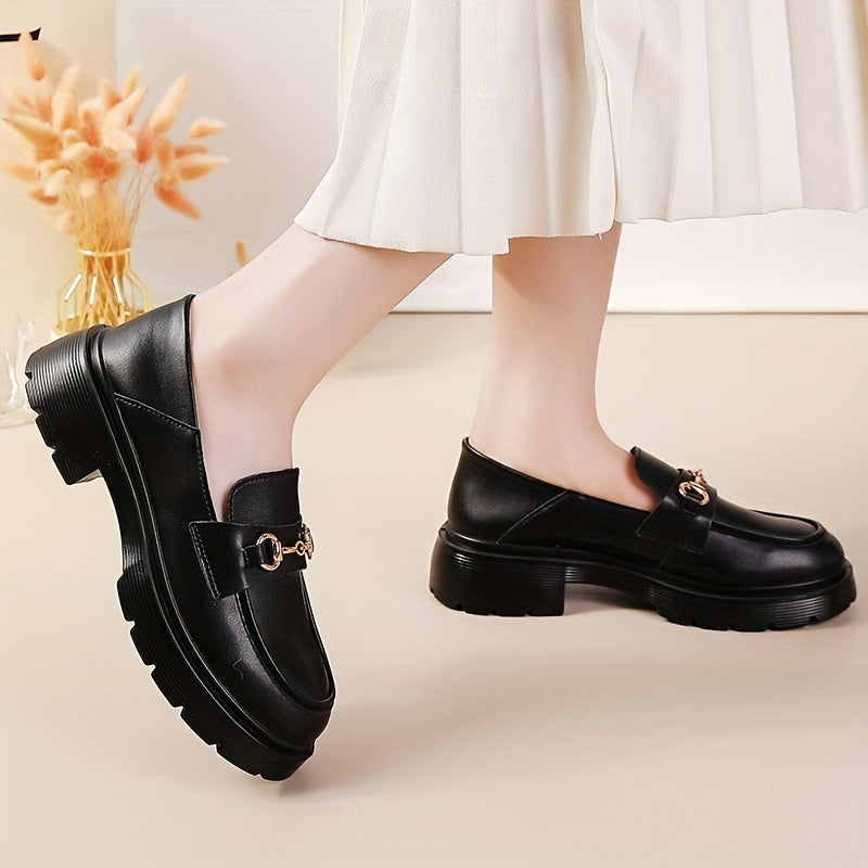 Women's Chunky Heel Loafers Buckle Round Toe Slip-On Shoes