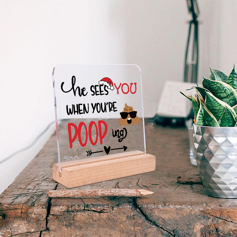 Funny Acrylic Sign He Sees You When You're Pooping Festive Christmas Decoration