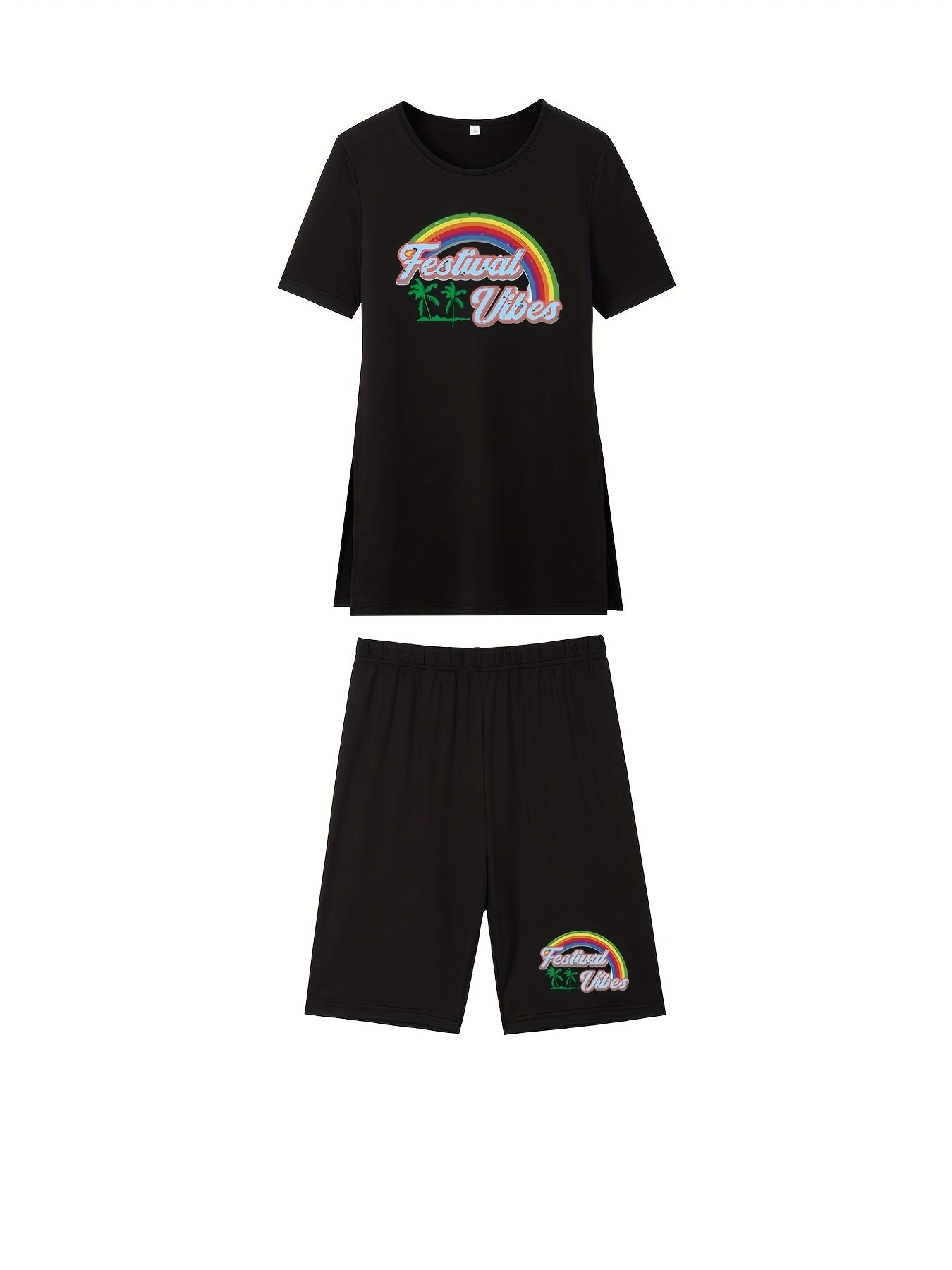 Rainbow Print Two-piece Set Short Sleeve T-shirt & Shorts Women's Clothing