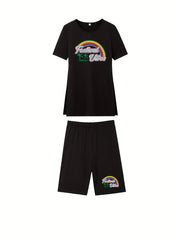 Rainbow Print Two-piece Set Short Sleeve T-shirt & Shorts Women's Clothing