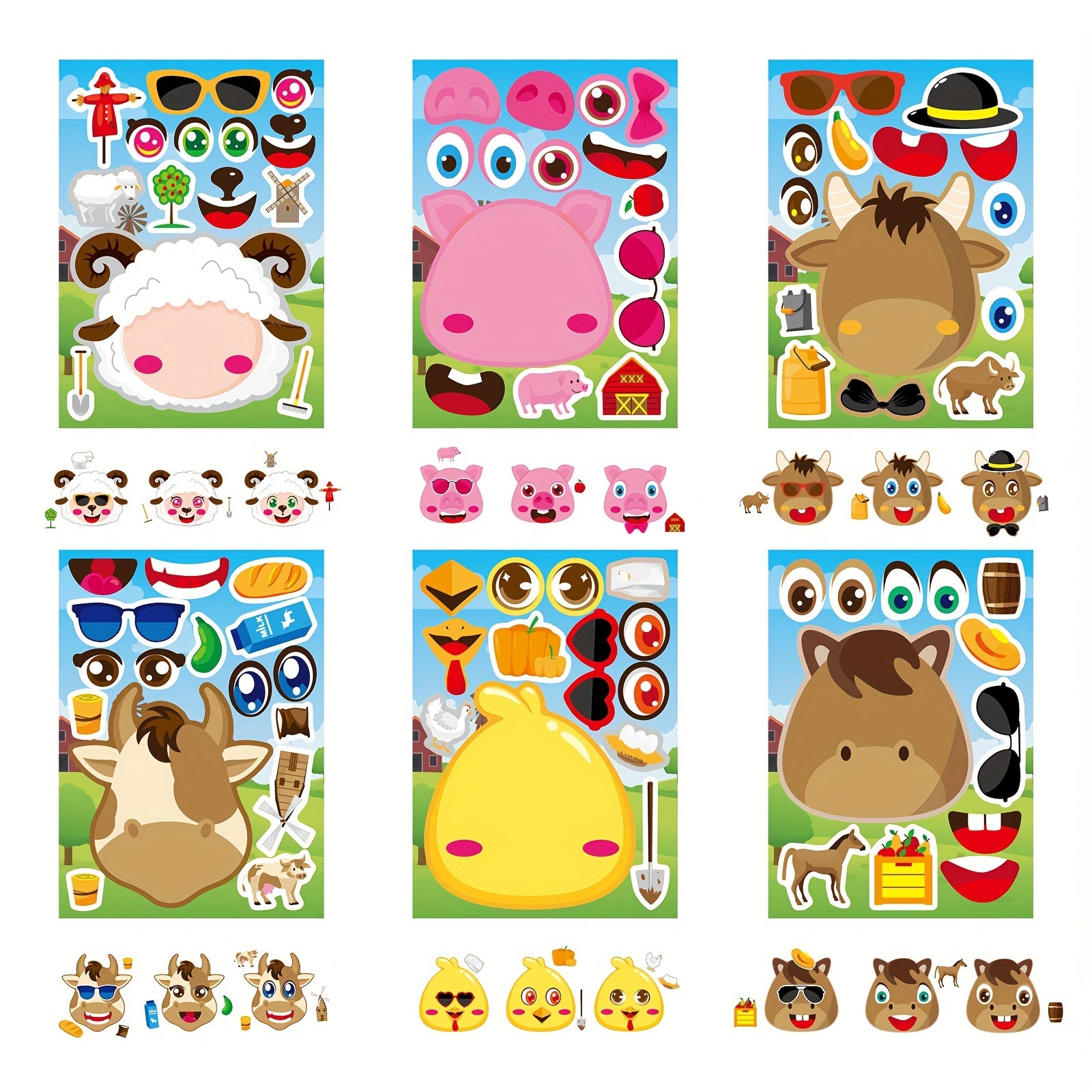 12pcs Farm Animals Make A Face Stickers DIY Craft Fantasy Animals Party Supplies