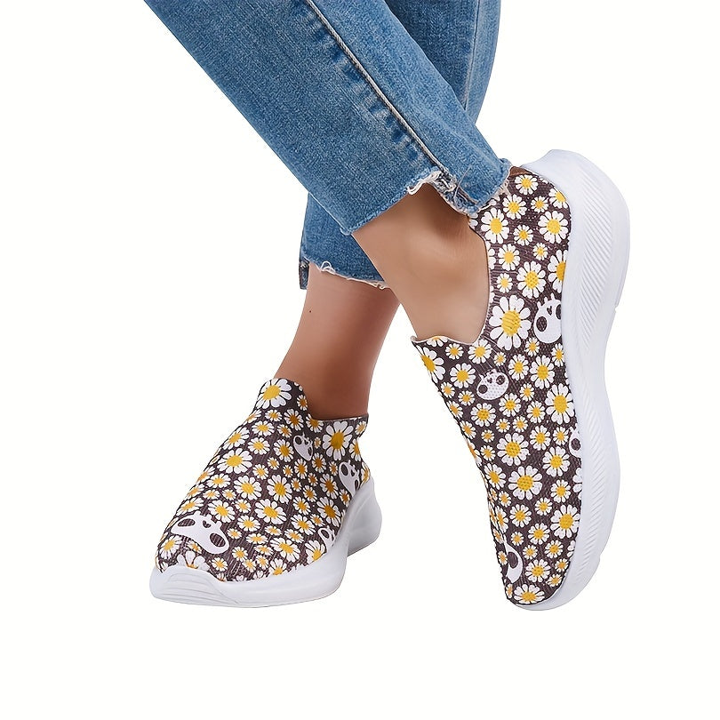 Daisy Print Non Slip Comfortable Running Shoes Elastic Slip On Sneakers