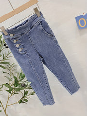 Kids Casual Tapered Jeans Elastic High Waist Slim Fit Denim Trousers