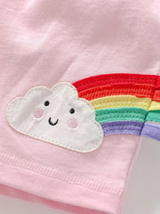 Toddler Girls Cloud Rainbow Embroidered Bow Elastic Waist Cotton Shorts