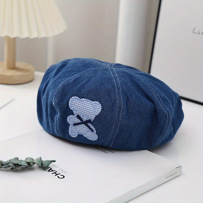 Vintage Denim Painter Cap with Cartoon Bear Patch Beret
