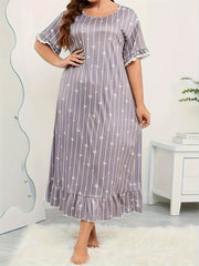 Plus Size Nightdress Women's Plus Stripe & Heart Print Short Sleeve