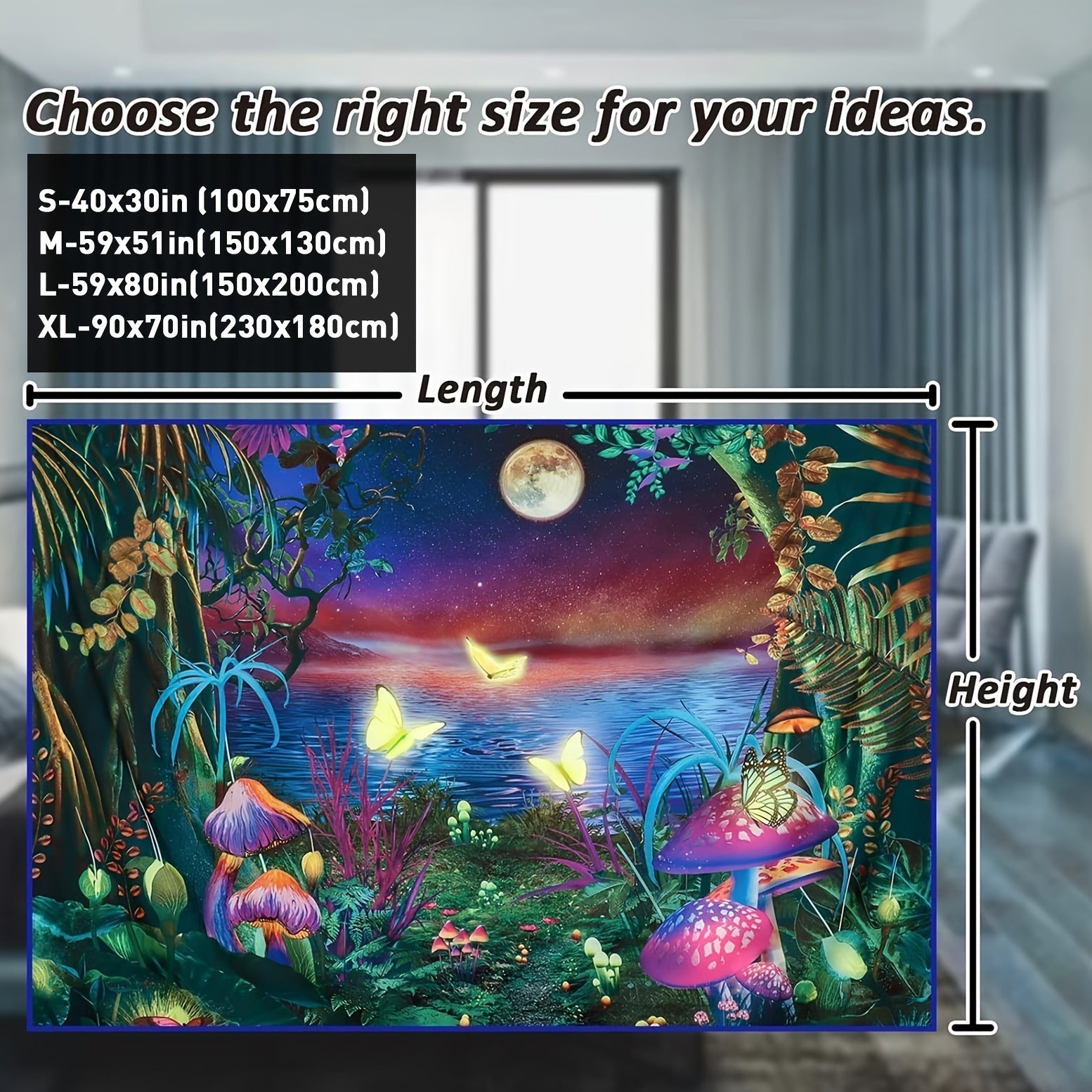 Blacklight Fantasy Forest Moon Tapestry UV Reactive Butterfly Space Wall Hanging