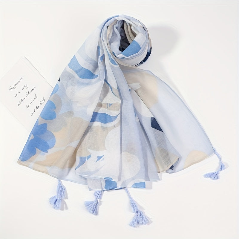 Flower Print Tassel Scarf Voile Shawl Windproof Warm Head Wrap