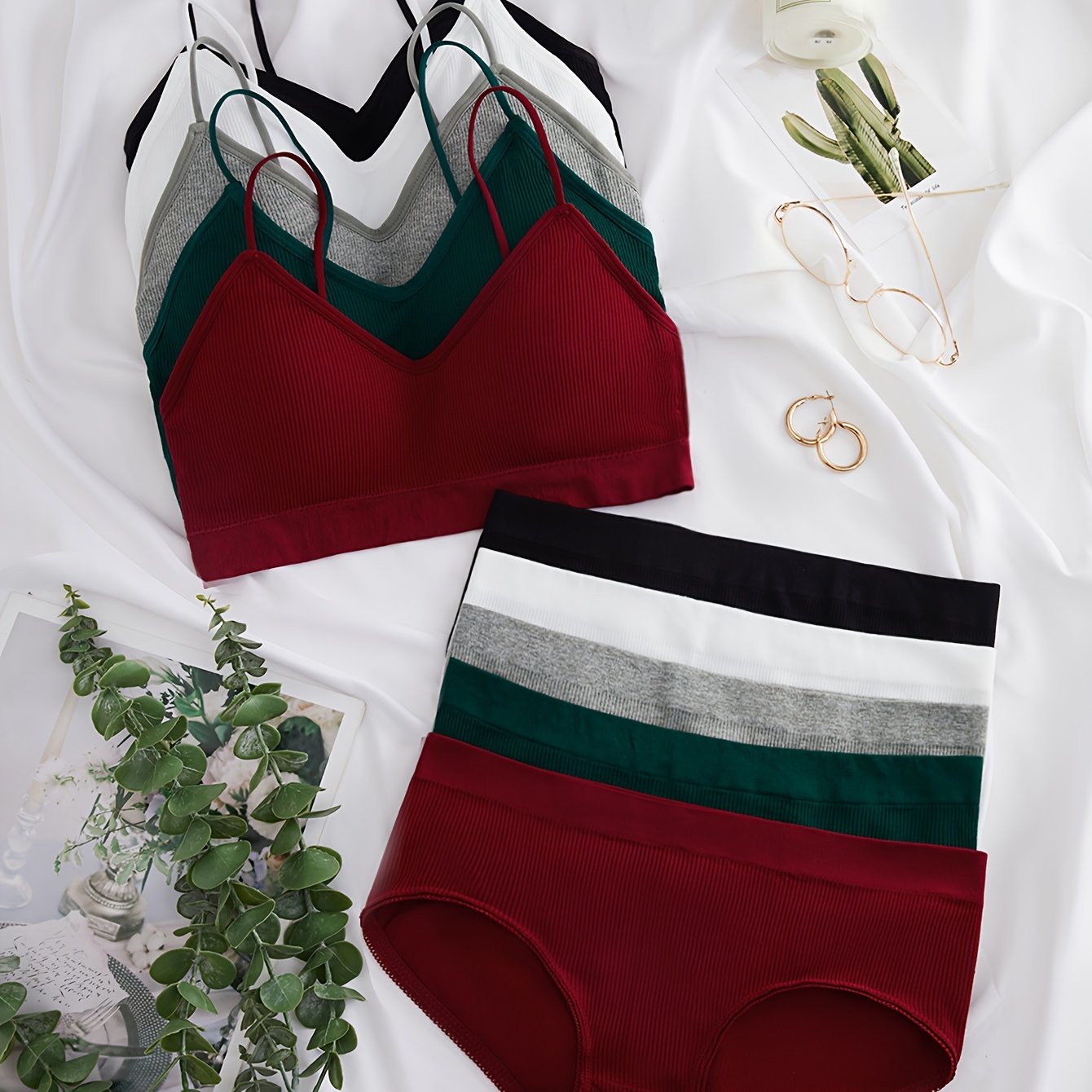 Solid Ribbed Bra & Panties Push Up Lingerie Set