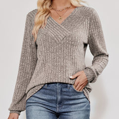 Solid Ribbed Knit Long Sleeve Wrap V Neck Top