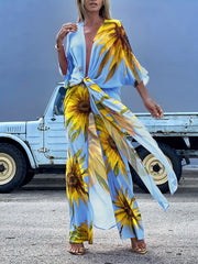 Sunflower Pattern Swimsuit Cover Up V Neck Beachwear