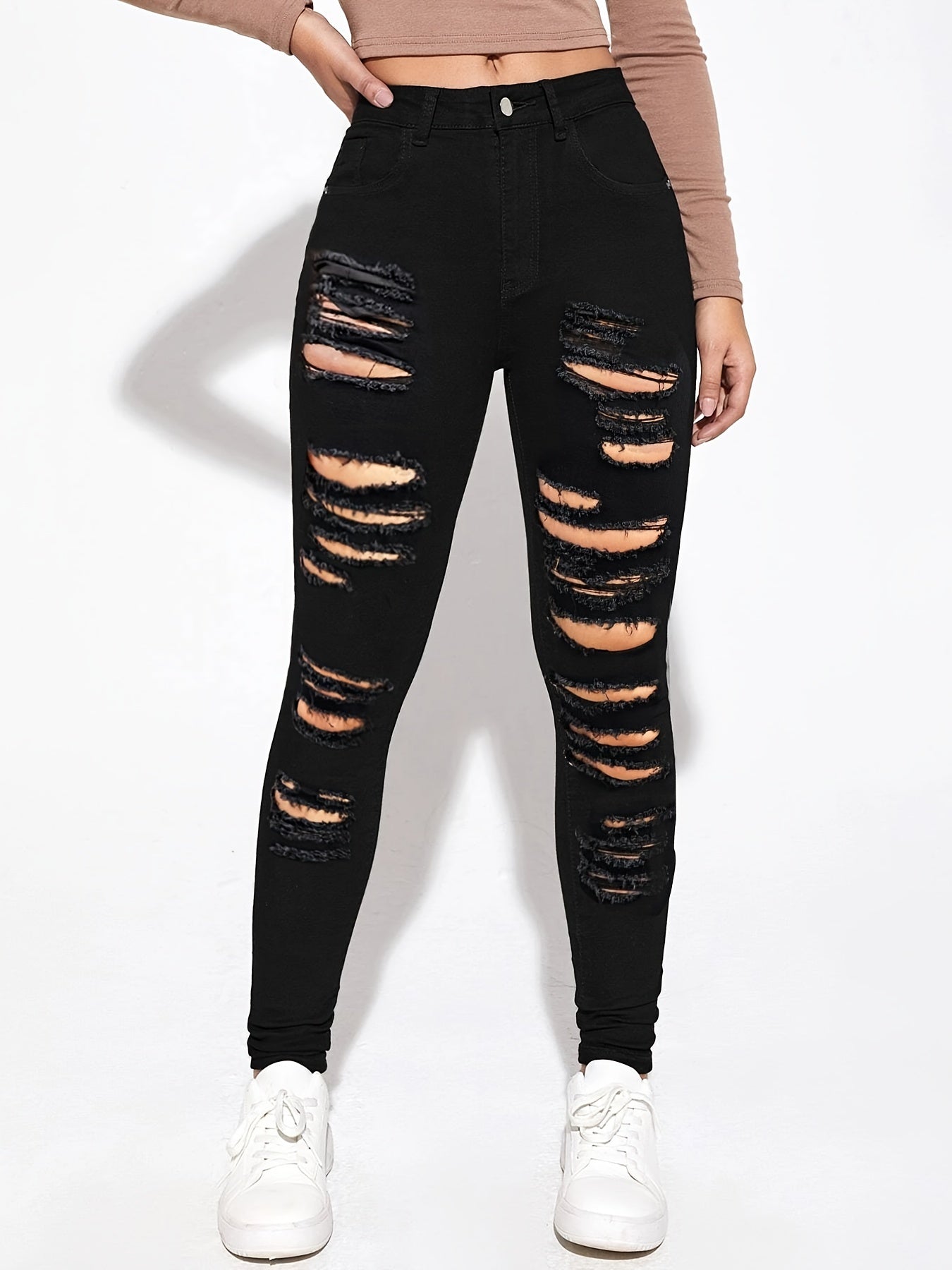 High Waist Distressed Skinny Jeans Ripped Holes Slim Fit Denim Pants