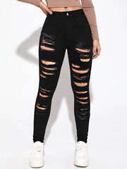 High Waist Distressed Skinny Jeans Ripped Holes Slim Fit Denim Pants