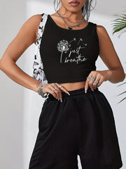 Dandelion & Letter Print Crop Tank Top Sleeveless Summer Women's Clothing