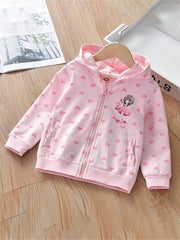 Girls Heart Print Hooded Jacket Long Sleeve Cartoon Zip Up Outwear
