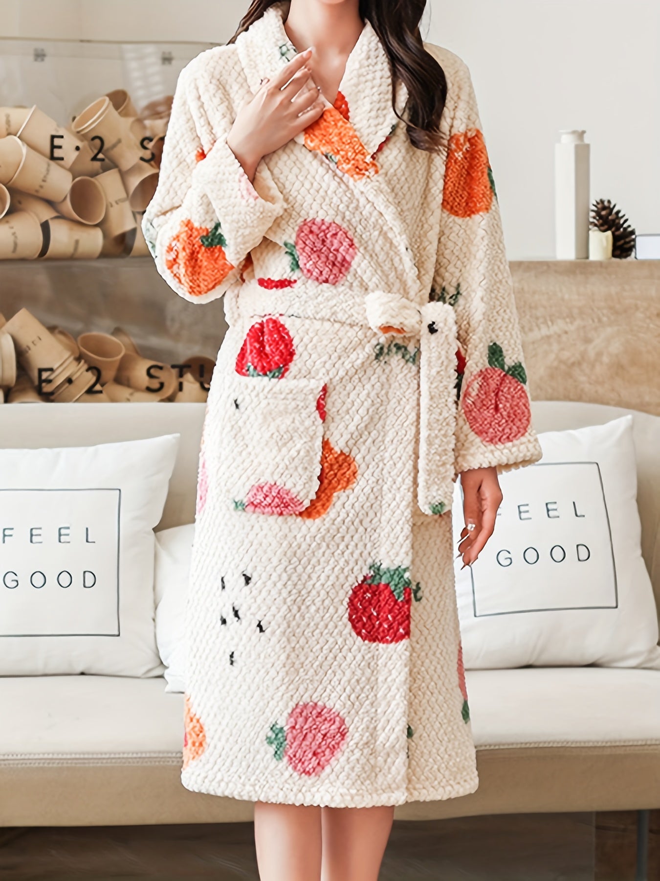 Fruit Print Fuzzy Night Robe Warm Long Sleeve Robe With Belt