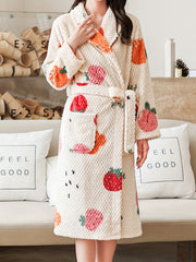 Fruit Print Fuzzy Night Robe Warm Long Sleeve Robe With Belt