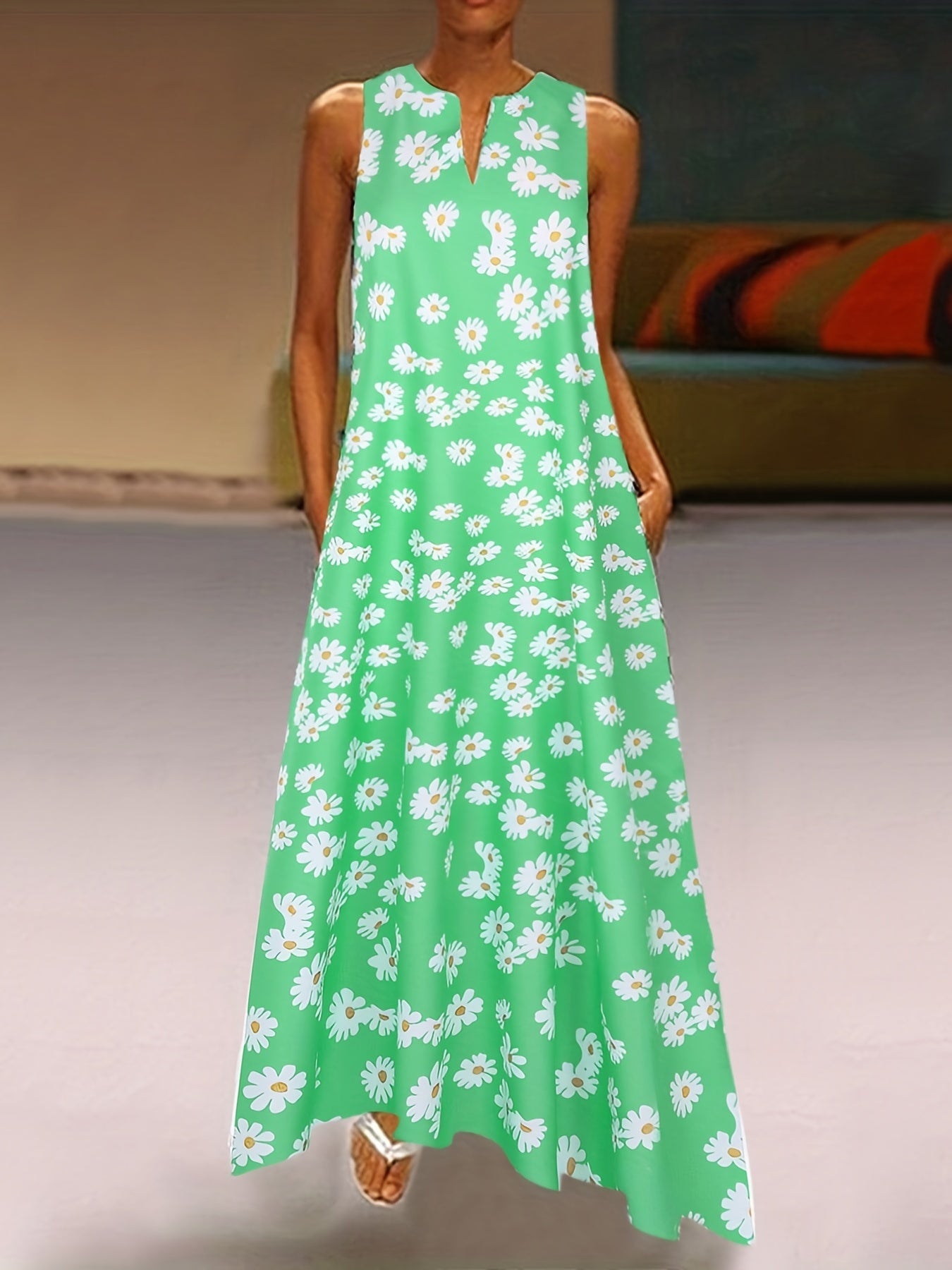 Floral Notched Neck Dress Boho Sleeveless Dress Spring Summer Clothing