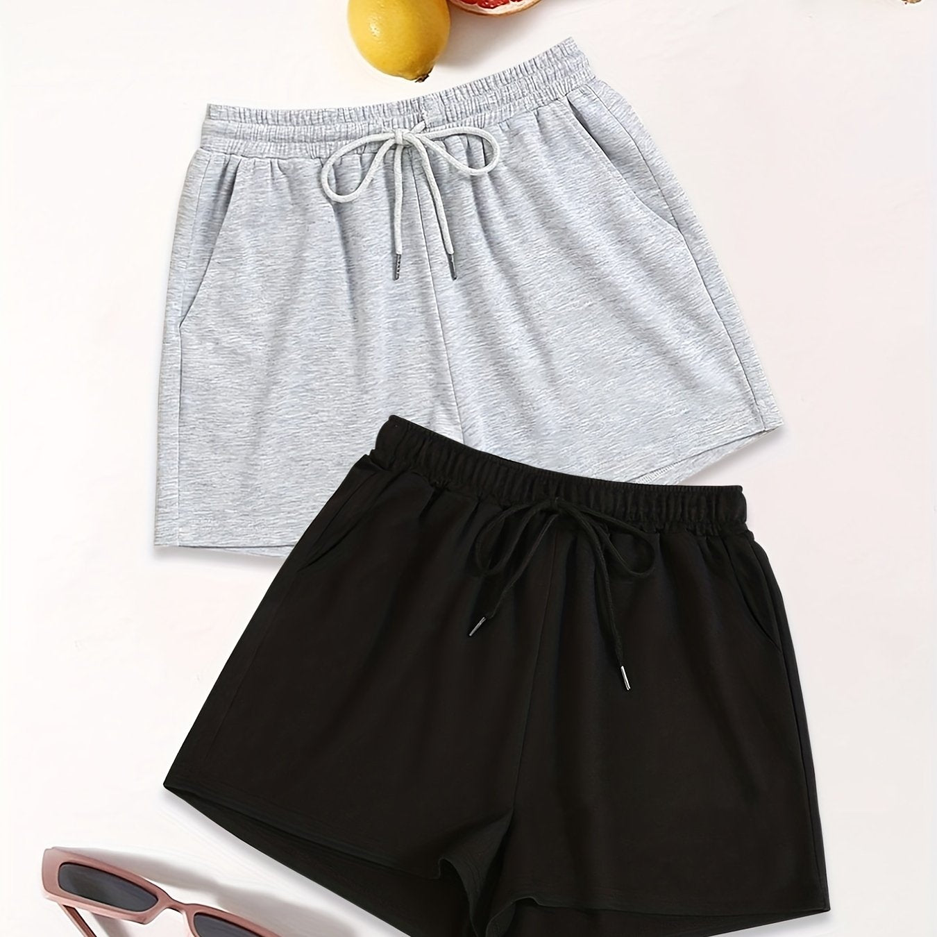 Drawstring Solid Shorts 2 Pack Casual Elastic Waist Workout Shorts Women's Cloth