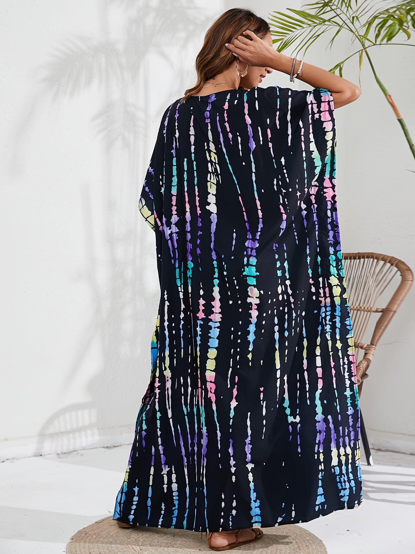 Boho Cover Up Tie Dye Striped Batwing Sleeve Maxi Split Dress