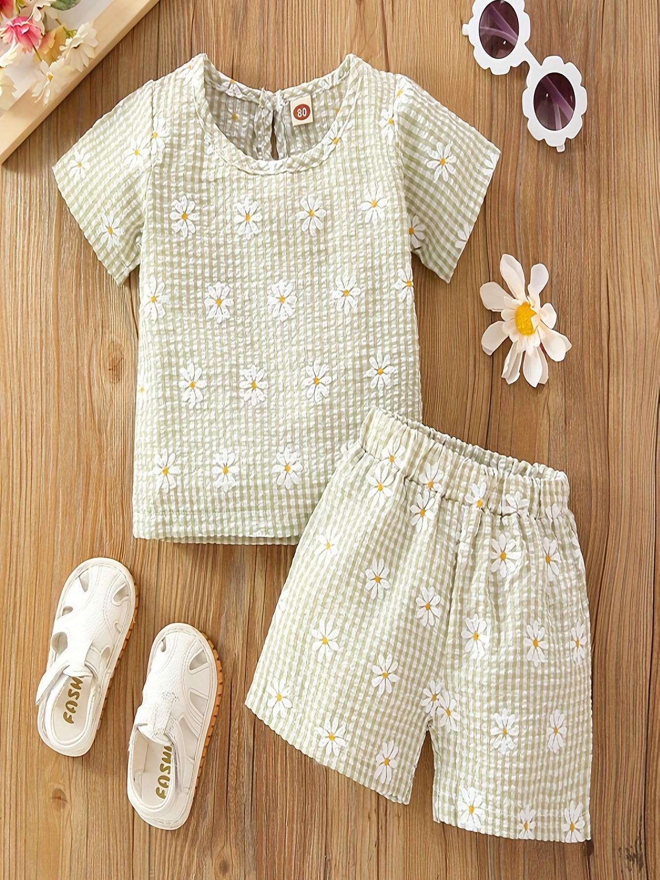 Girls Daisy Graphic Print T shirt&Shorts Set Summer Kids Clothing