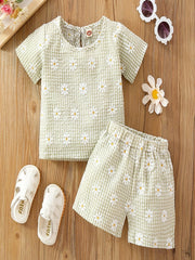 Girls Daisy Graphic Print T shirt&Shorts Set Summer Kids Clothing