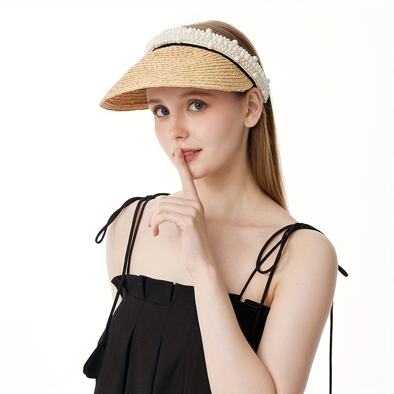 Faux Pearl Straw Visors Women Summer Sun Hats UV Protection