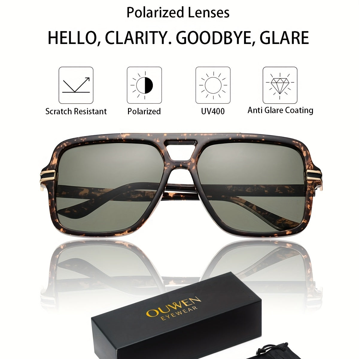 OUWEN Square Polarized Aviator Sunglasses UV400 Eye Protection
