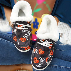 Women's Halloween Pumpkin & Skull Printed Plush Sneakers