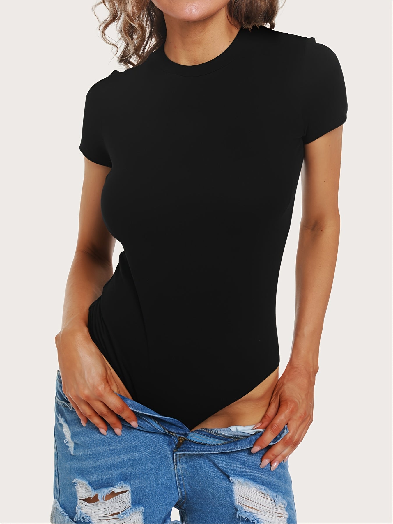 Solid Stretchy Skinny Bodysuit Soft Short Sleeve Crew Neck One Piece