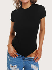 Solid Stretchy Skinny Bodysuit Soft Short Sleeve Crew Neck One Piece
