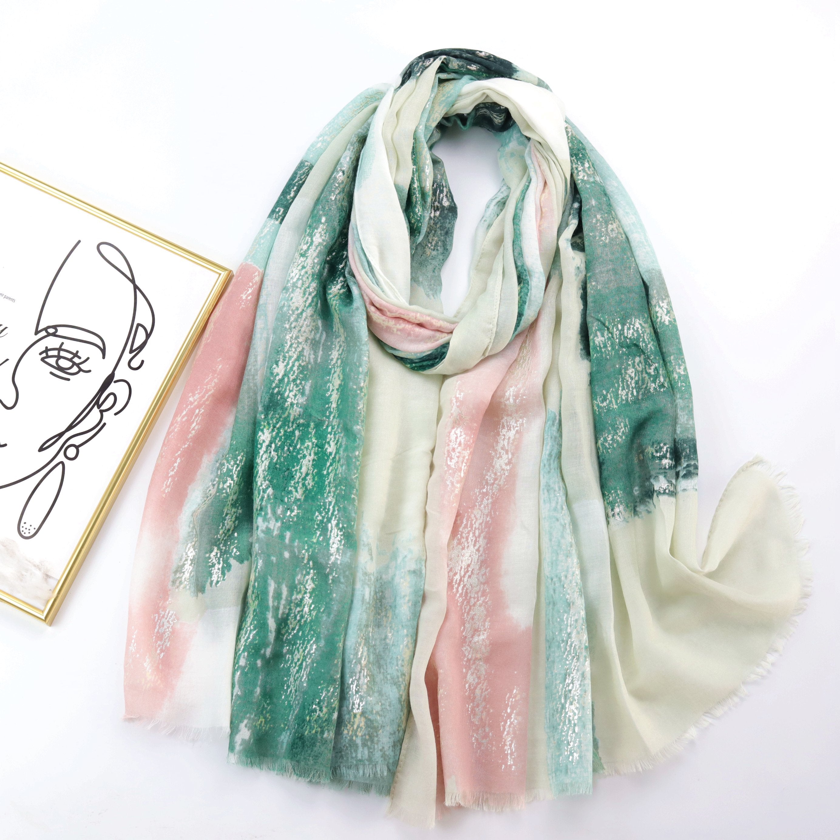 Vintage Chain Print Scarf Floral Pattern Frayed Summer Shawl