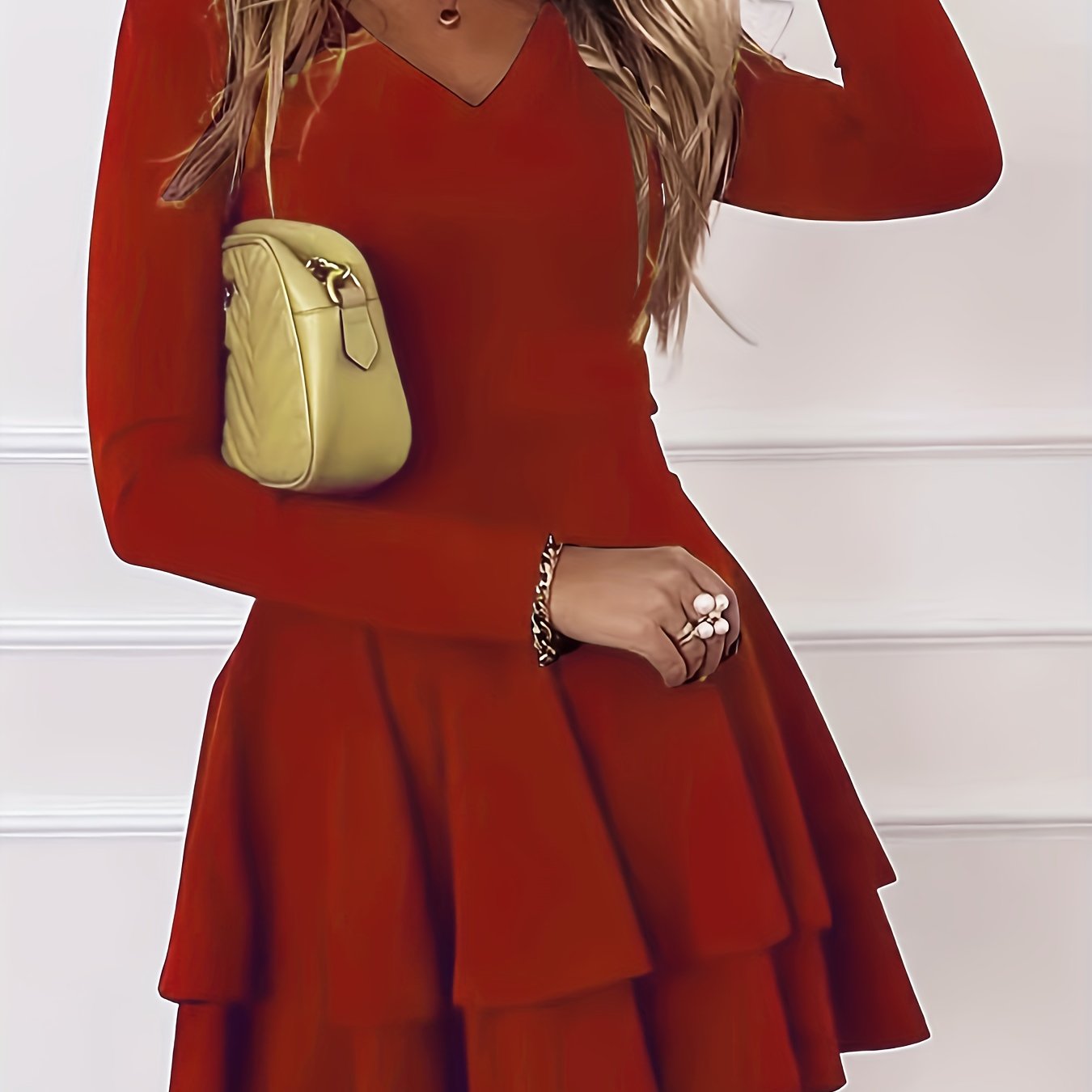 Solid Long Sleeve V Neck Layered Dress