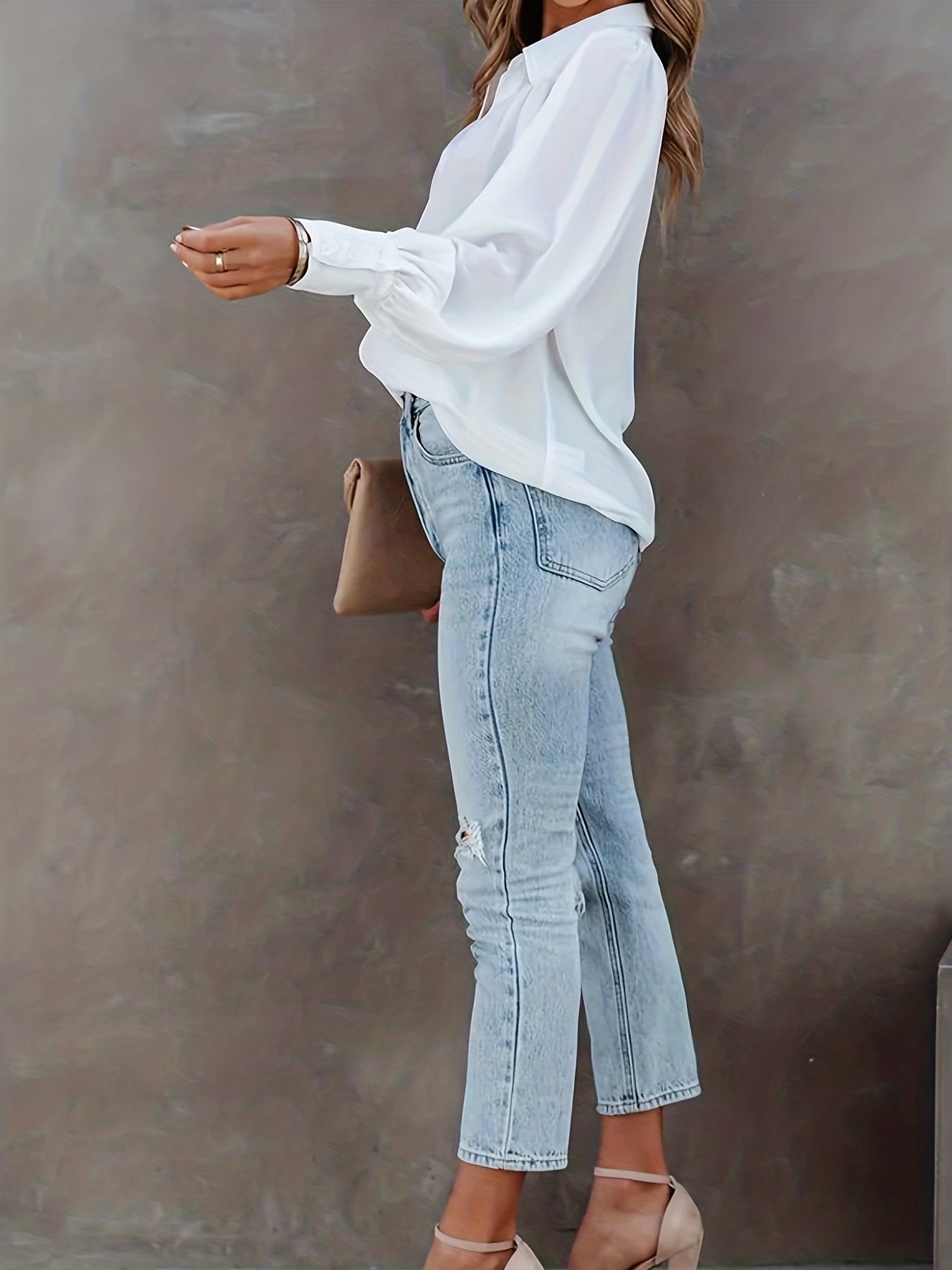 Solid Button Up Lantern Sleeve Blouse
