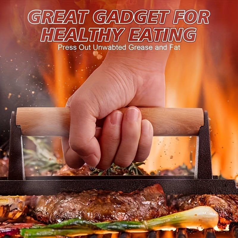 Outdoor Cast Iron Grill Press with Wooden Handle for Bacon Burger Steak