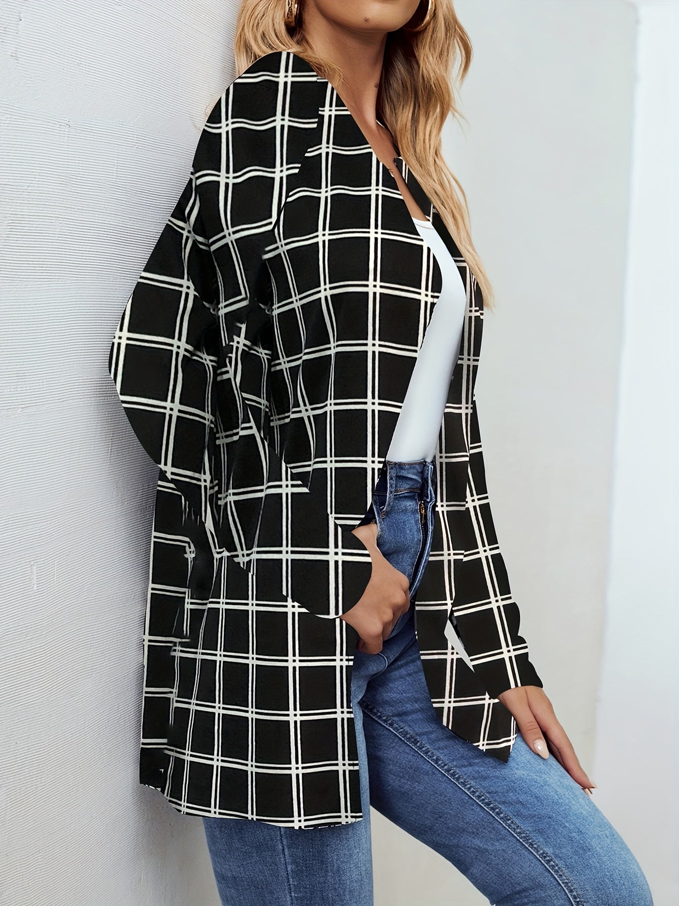 Windowpane Print Open Front Jacket Casual Long Sleeve