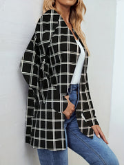 Windowpane Print Open Front Jacket Casual Long Sleeve