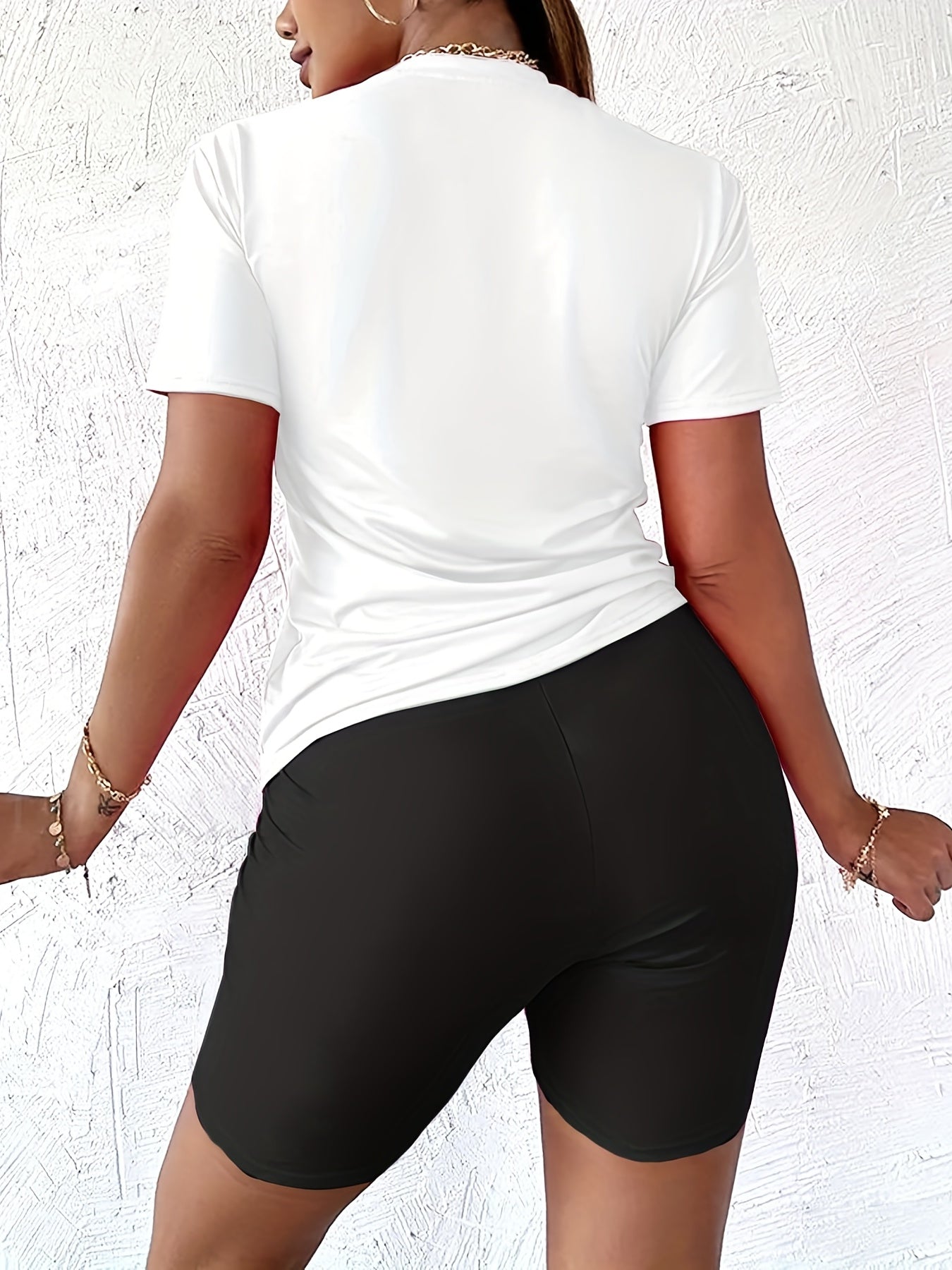 Letter Print Two piece Set Crew Neck Short Sleeve Tee & Slim Shorts Outfits