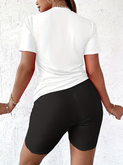 Letter Print Two piece Set Crew Neck Short Sleeve Tee & Slim Shorts Outfits