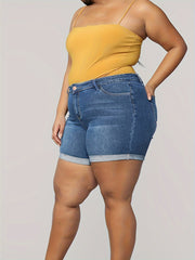 Button Fly High Rise Denim Shorts Plus Size Women's Casual Stretch Jean Shorts