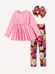 2pcs Girl Floral High Low Tee & Polka Dots Leggings Set Spring Fall