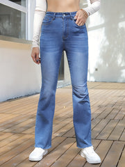 High Waist Bootcut Jeans Stretchy Slash Pocket Washed Street Style