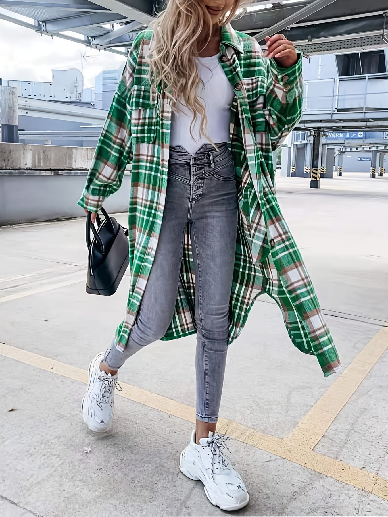 Plaid Print Long Length Jacket Button Front Outwear
